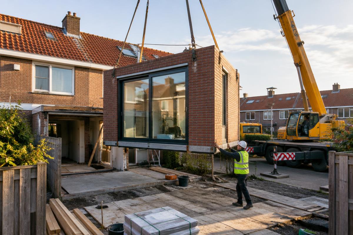 Bakstenen prefab aanbouw tijdens de bouw bij een rijwoning