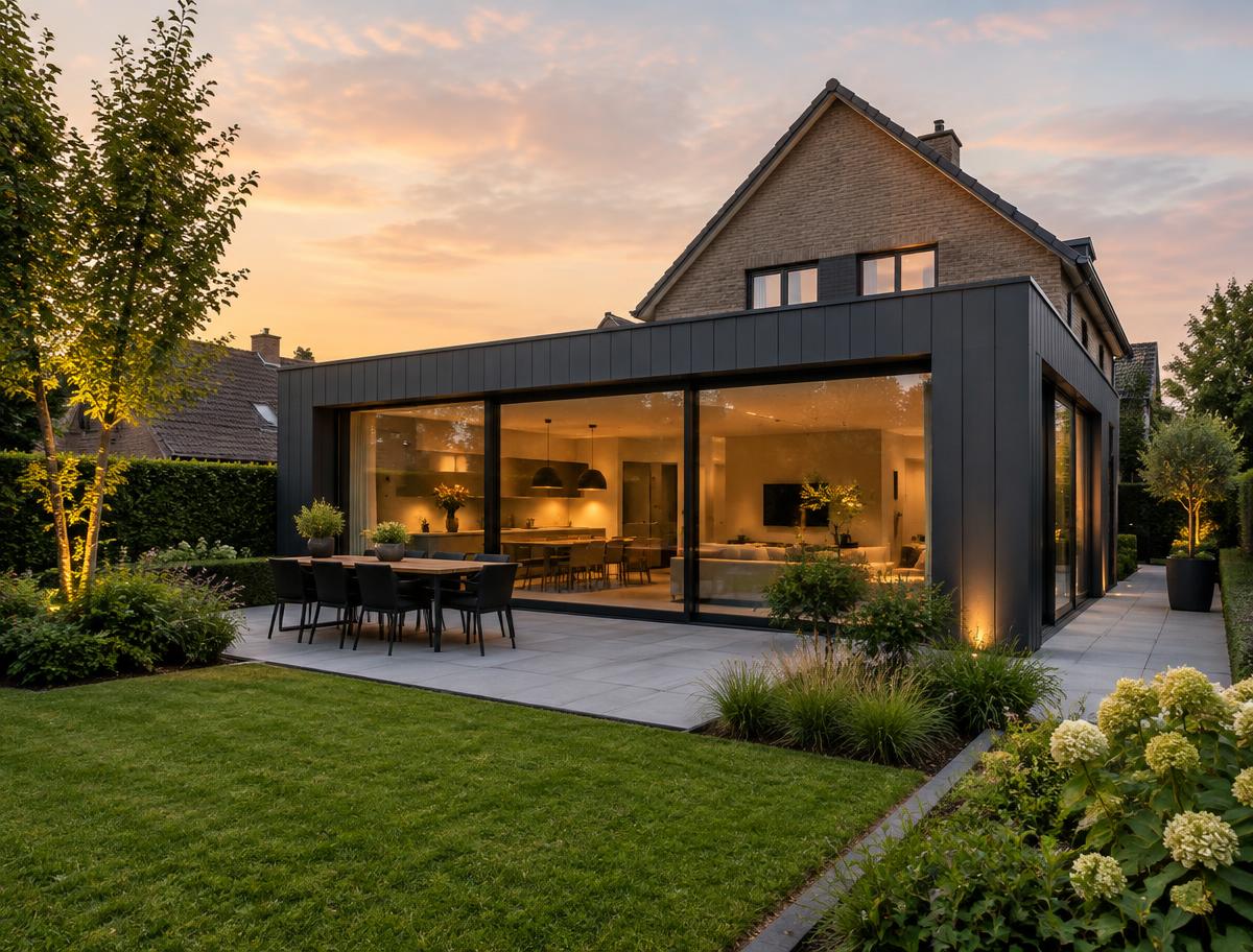 Modern huis met aanbouw in staalgrijze gevelbekleding